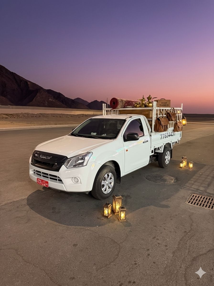 Aziz General Transportation pickup truck loaded for delivery at sunset in Oman
